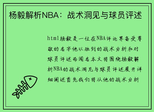 杨毅解析NBA：战术洞见与球员评述